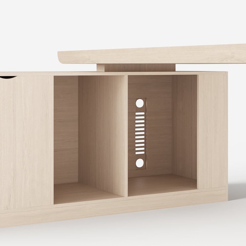 Escrivaninha executiva moderna em forma de L de 180 cm com acabamento em branco lavado e armazenamento, mão esquerda Imagem da janela