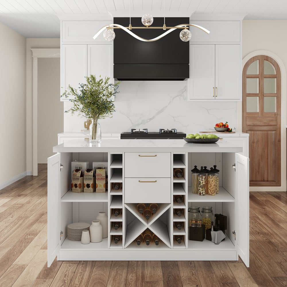 59" Modern White Sintered Stone Kitchen Island with Wine Storage window image