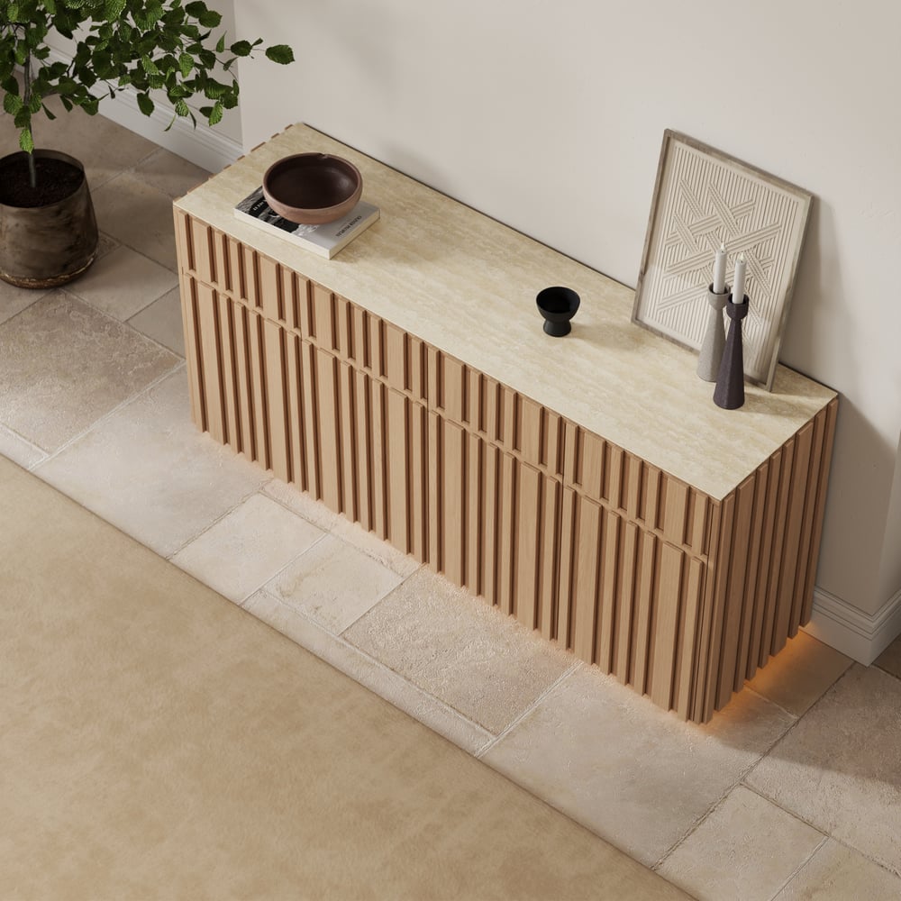 Aura 65" Ash Wood Slatted Natural TV Stand with Sintered Stone Top window image