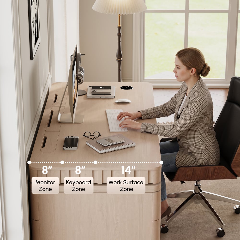 Aura 63" Whitewash Fluted 360-Degree Rotating Desk Electric Adjustable Standing Desk window image