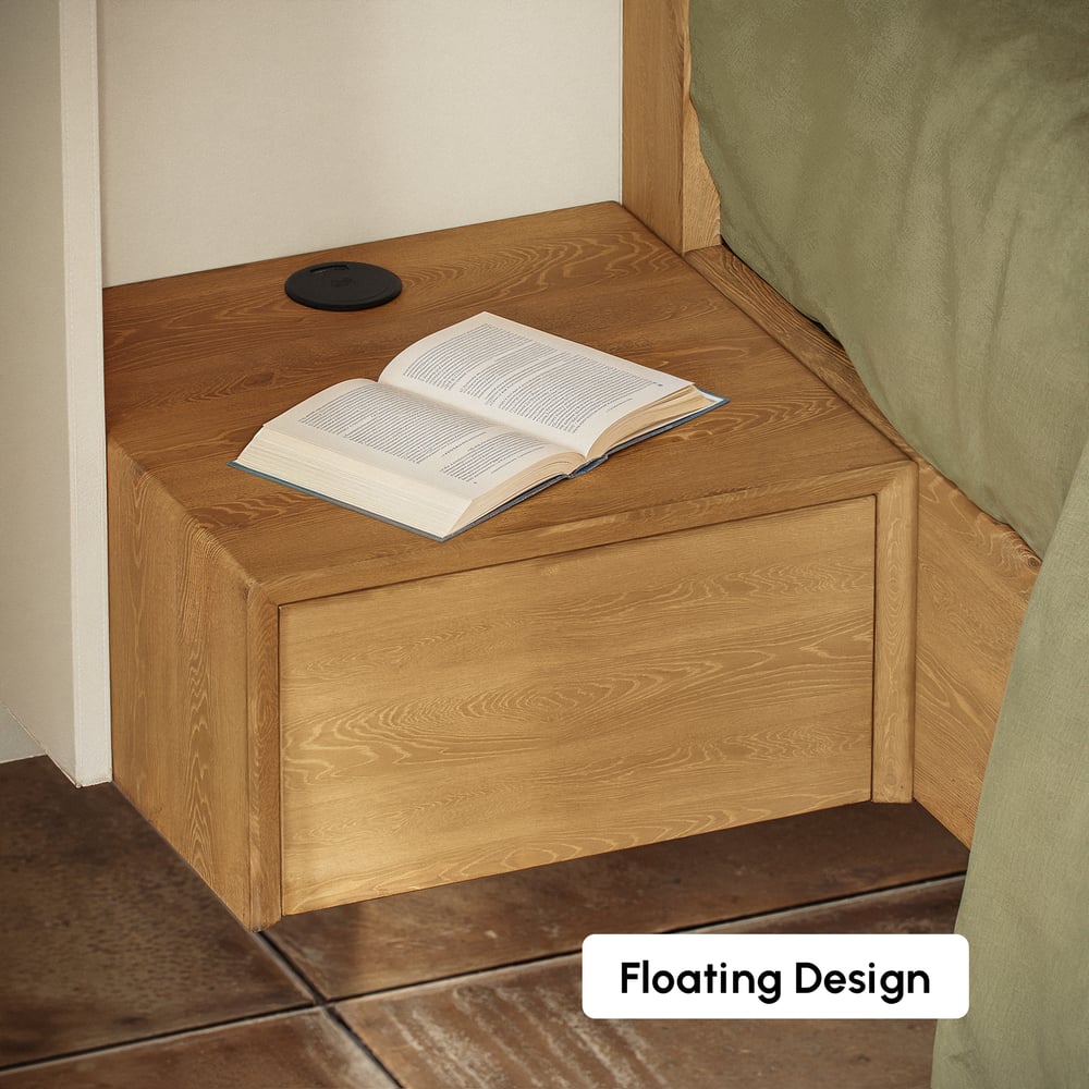 King Solid Wood Bed with Leather Extended Headboard & Floating Smart Nightstand Set window image