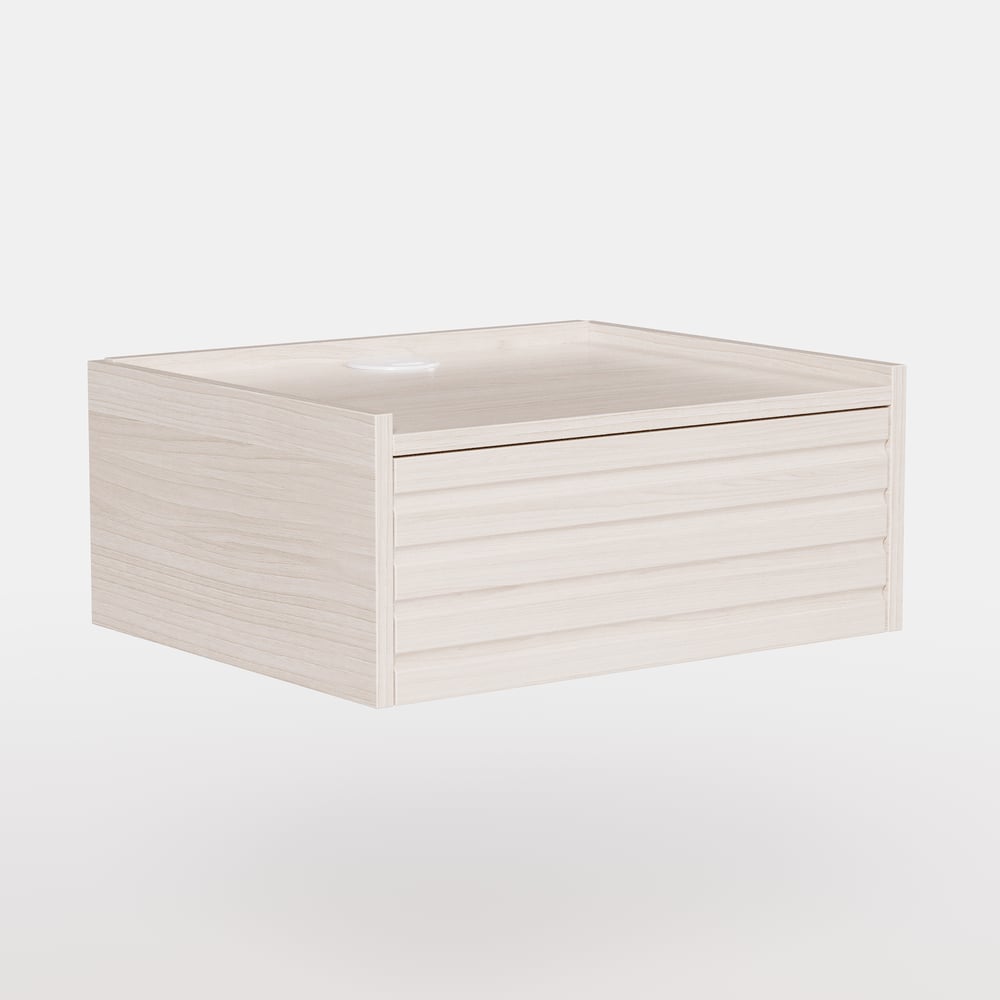 Zwevend houten nachtkastje met verlichting & oplaadstation Vensterafbeelding