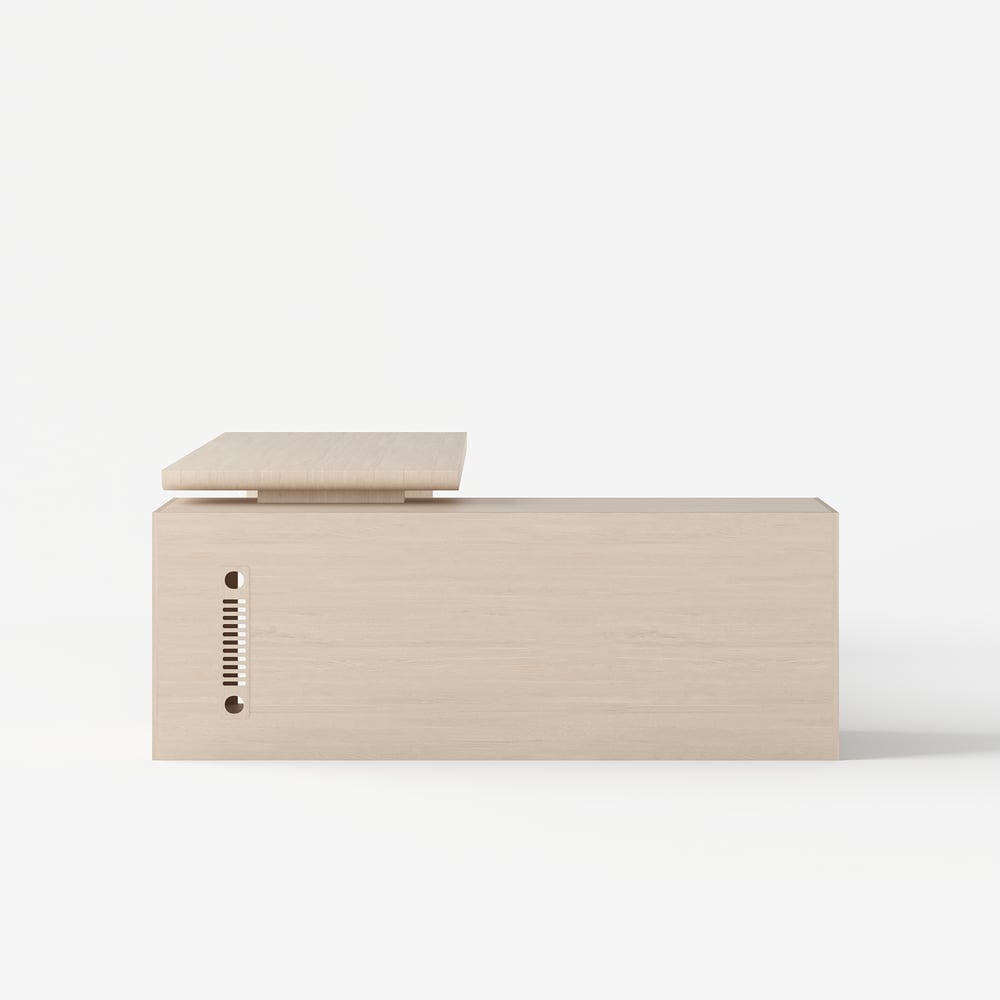 Escrivaninha executiva moderna em forma de L de 180 cm com acabamento em branco lavado e armazenamento, mão esquerda Imagem da janela