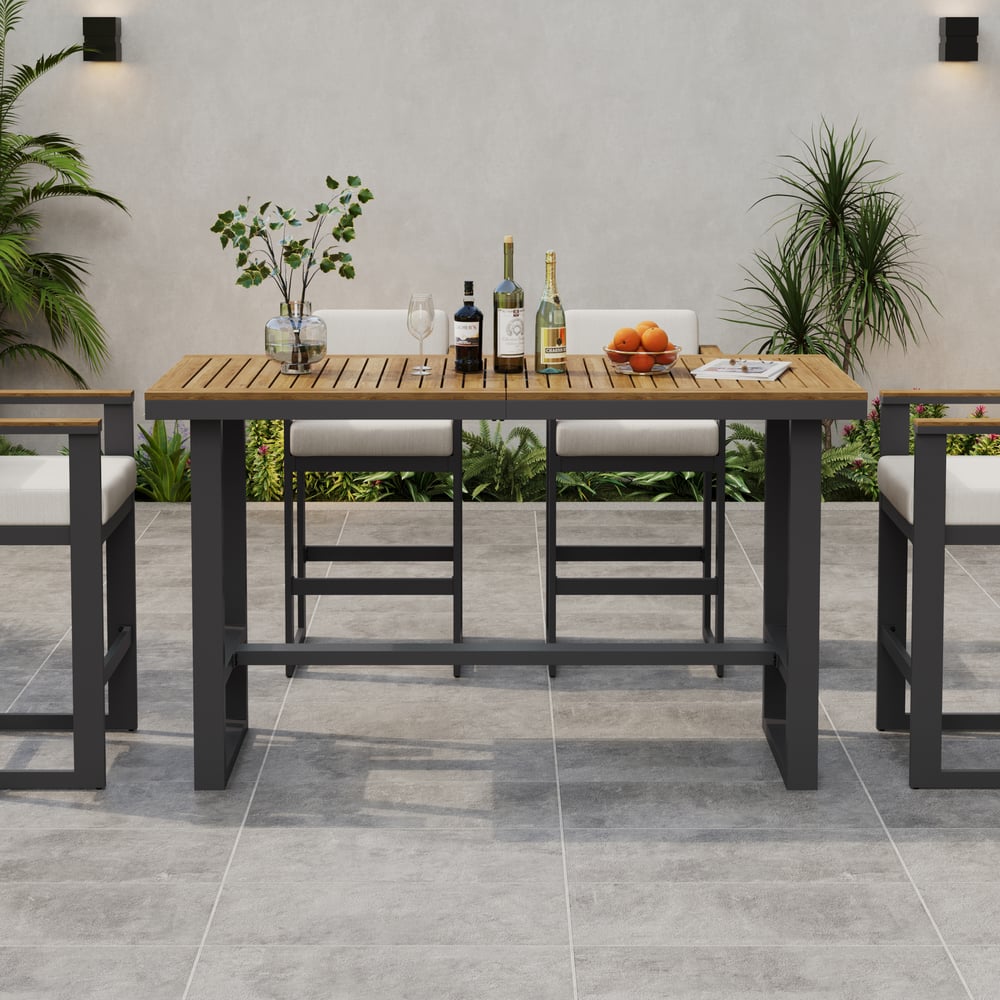 Tevara Teakhouten Moderne Outdoor Bar Set Donkergrijs Frame & Warm Wit Kussen Vensterafbeelding