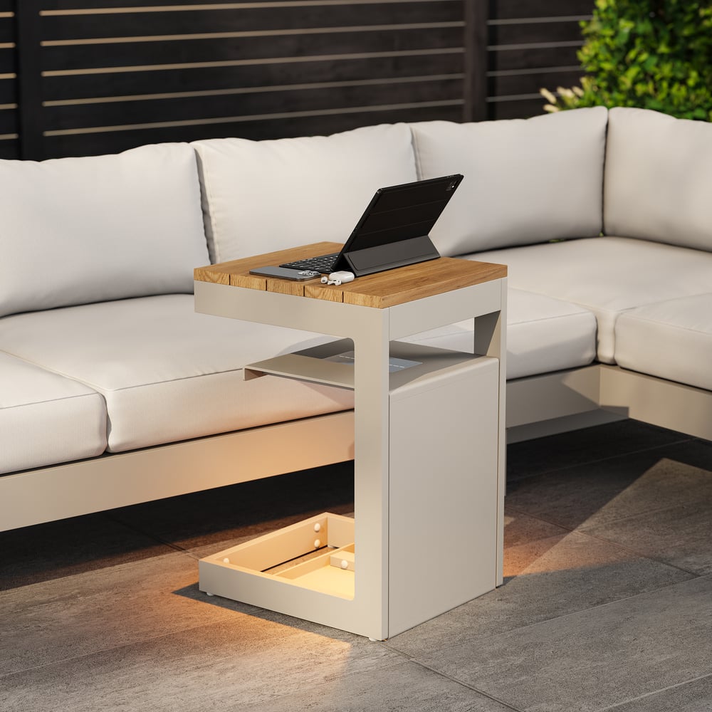 Tevara Outdoor Teak Aluminium Sand Side Table with Solar Light window image
