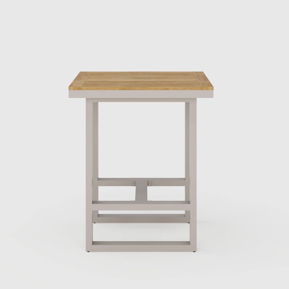 Tevara Outdoor Square Bar Table with Teak Wood Slat Top & Aluminum Frame in Sand window image