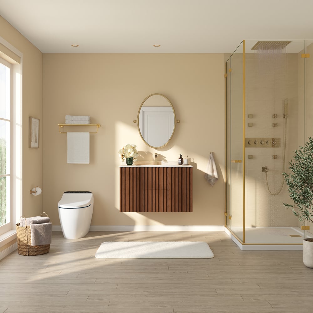 Aura 36" Bathroom Vanity with Light Ash Wood Slatted Panels Faux Travertine Top window image