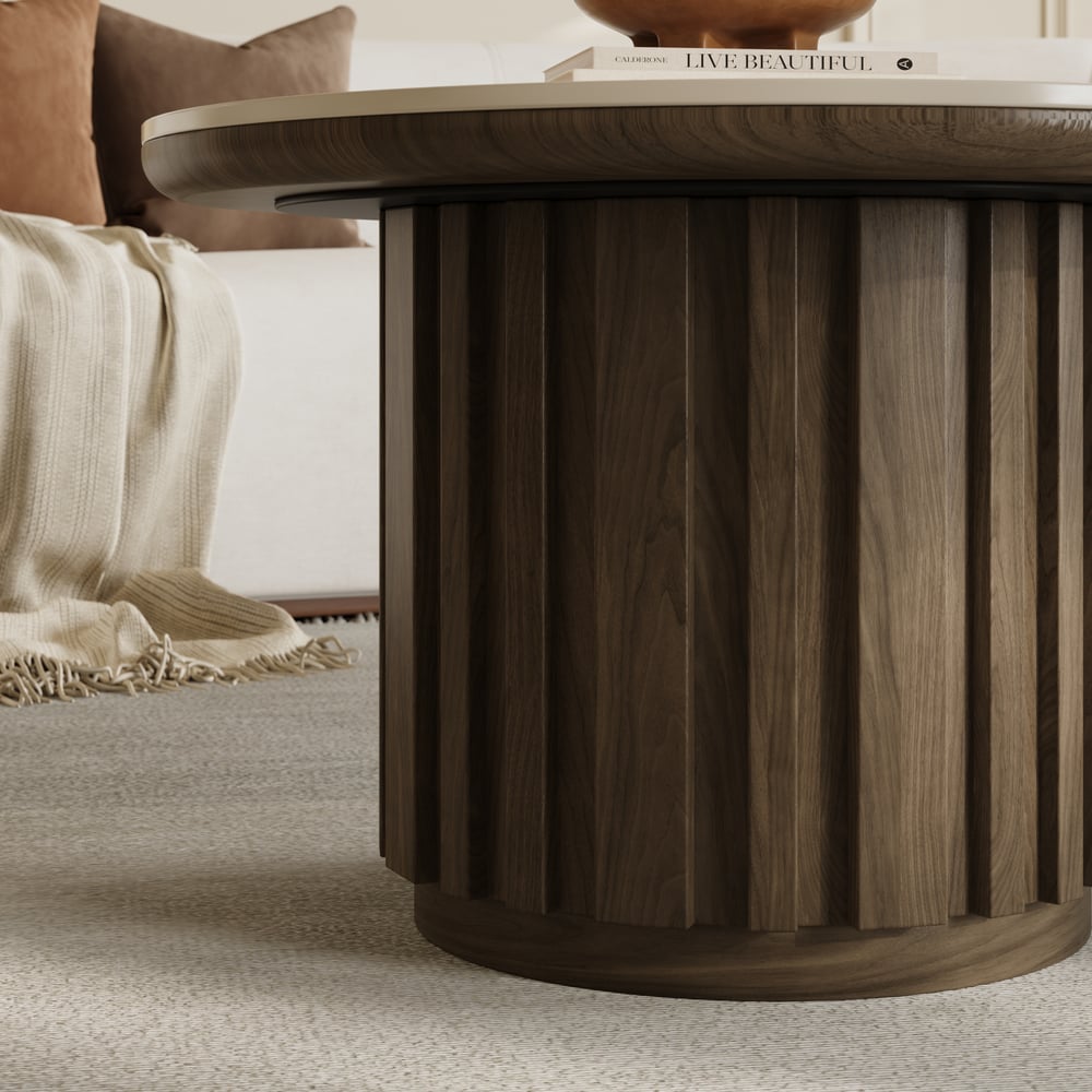 Table basse ronde à lattes en bois de frêne Aura avec plateau en pierre frittée image de fenêtre