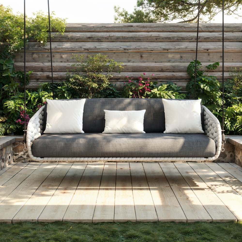 Cadeira Suspensa Tatta Outdoor em Alumínio com Trama de Corda e Almofada em Cinza Imagem da janela