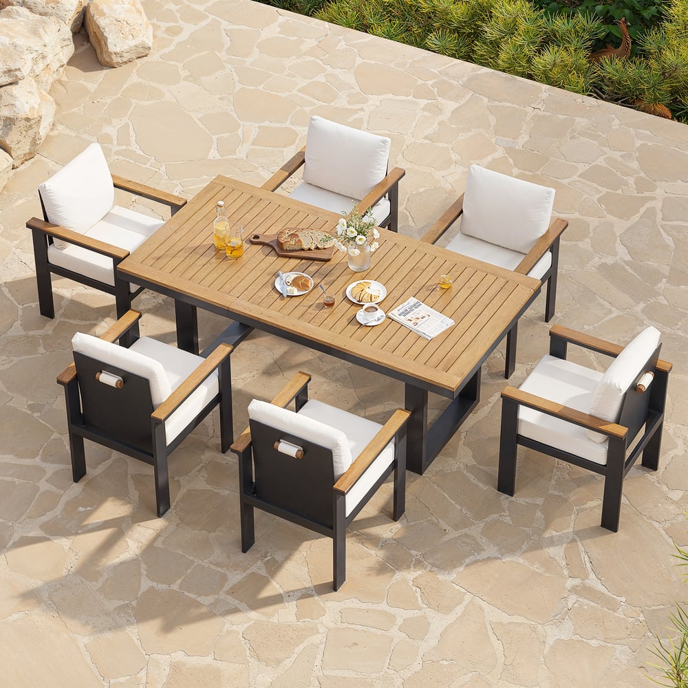 Tevara 7 Pieces Rectangle Wood & Aluminum Outdoor Patio Dining Set for 6 Person window image