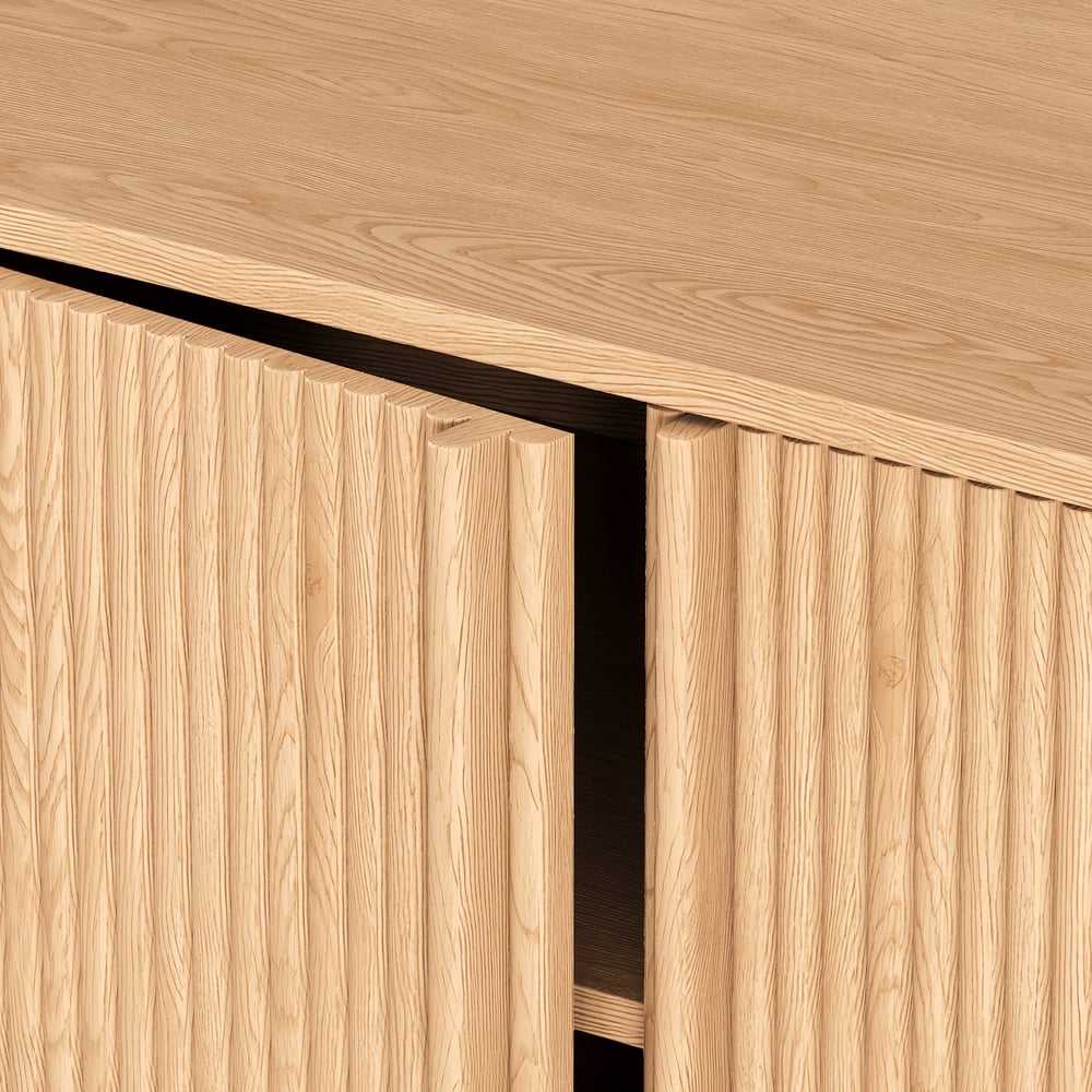 80" Solid Wood Fluted Natural TV Stand with Cabinets window image