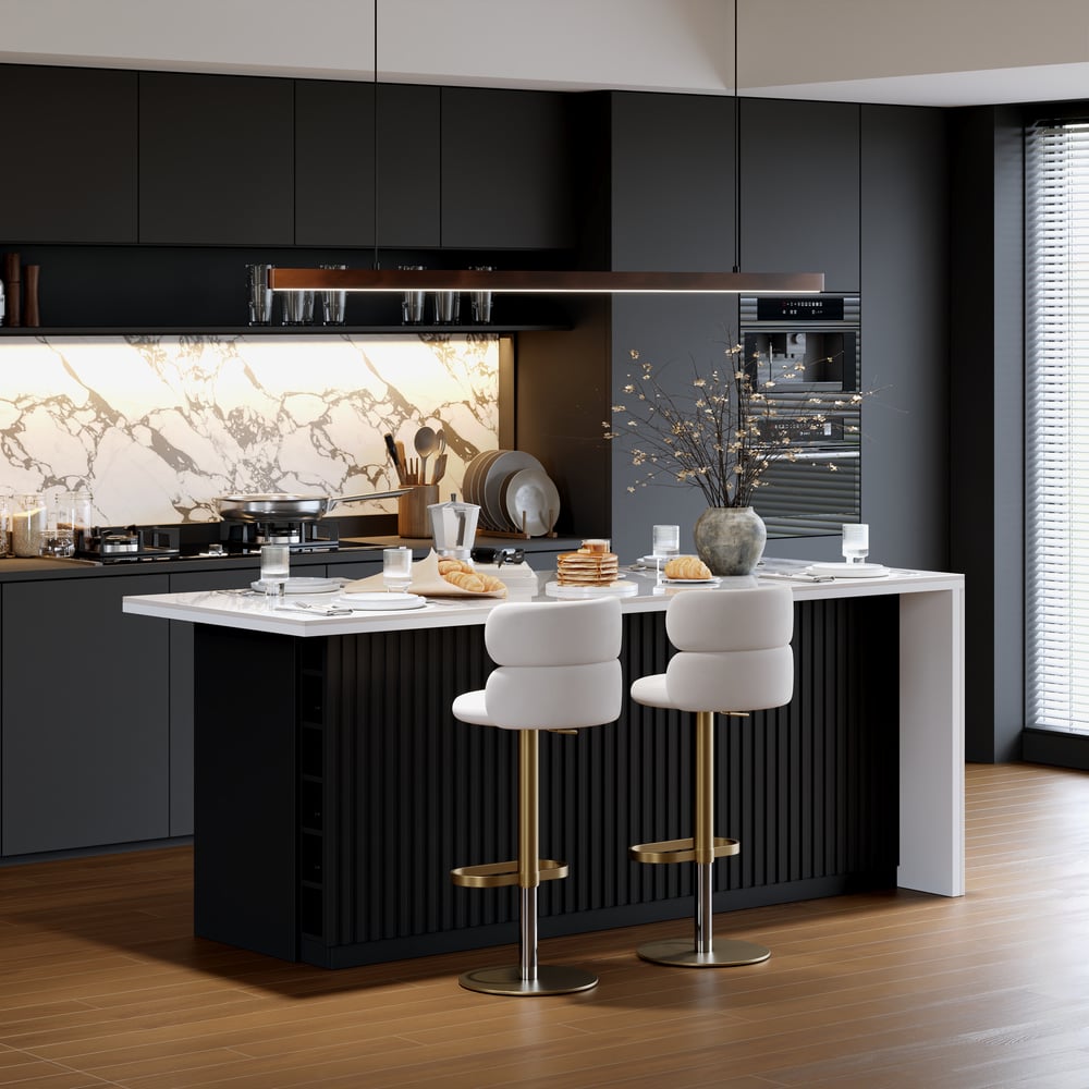 Modern 72" Glossy Sintered Stone Top Kitchen Island with Storage, White & Black window image