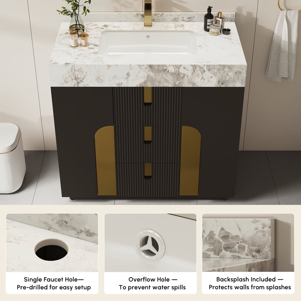 Meuble-lavabo simple autoportant Artis de 91cm avec dessus en pierre frittée image de fenêtre