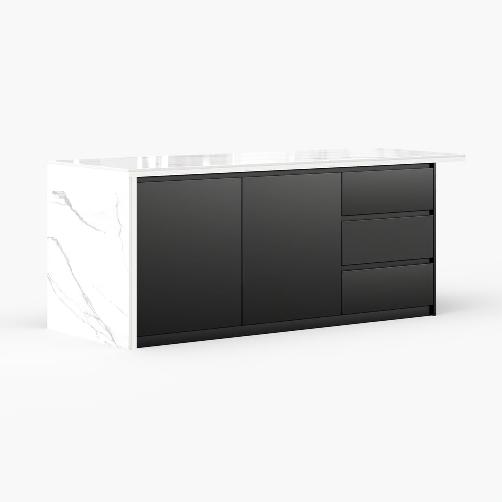 Modern 72" Glossy Sintered Stone Top Kitchen Island with Storage, White & Black window image
