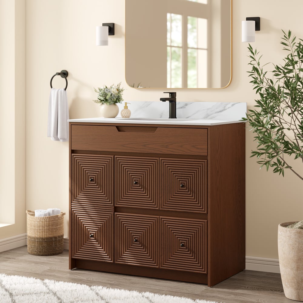 92cm Walnut Single Bathroom Vanity with Sink and Sintered Stone Top window image