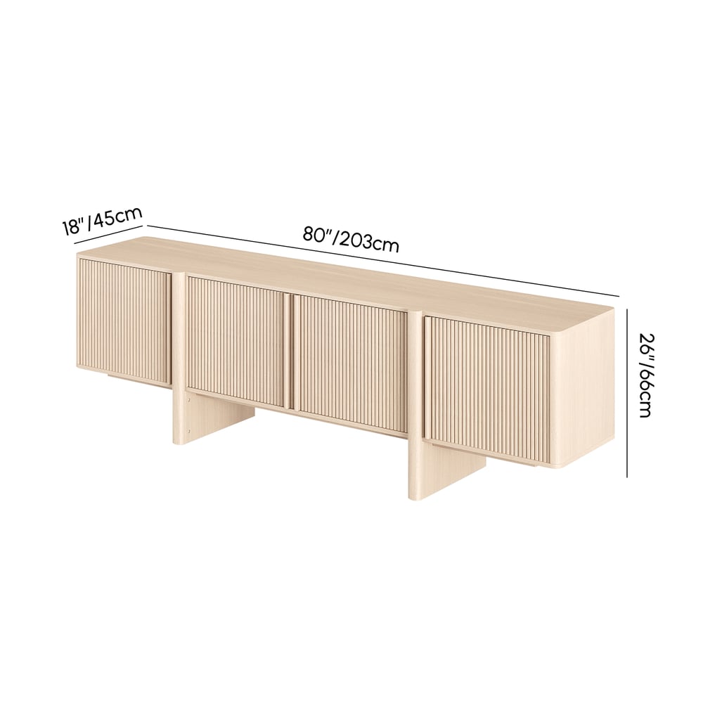 80" Solid Wood Fluted Whitewash TV Stand with Cabinets weights dimensions image