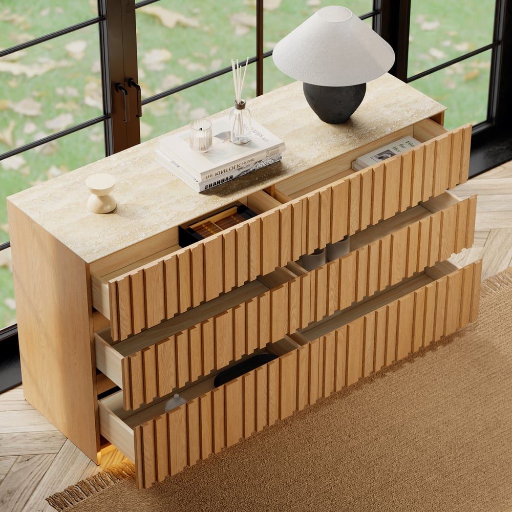 Aura 59" Natural Sintered Stone 6-Drawer Dresser with Lighting window image