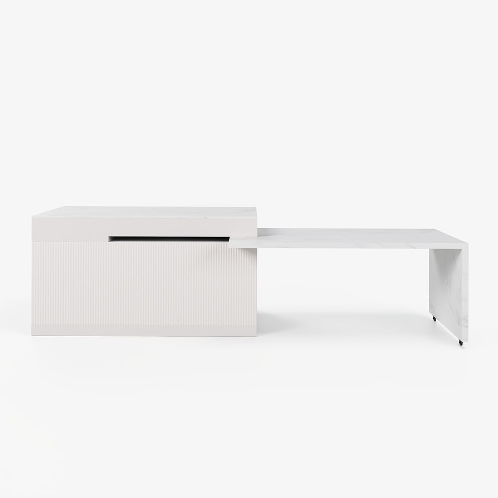 Modern 81"-112" Marble Pattern Kitchen Island with Doors & Drawers, White window image