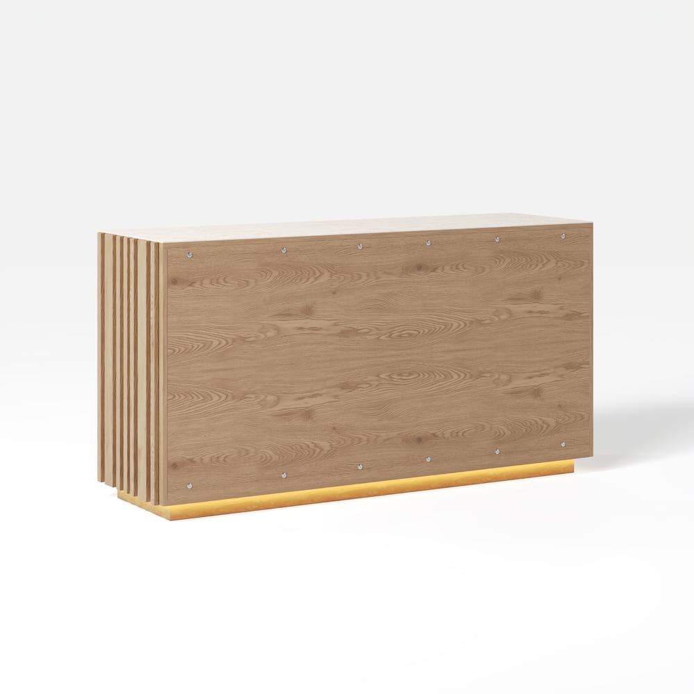 Buffet Aura 60" en Faux Travertin Naturel avec Portes à Lattes en Bois de Frêne et Lumière LED image de fenêtre