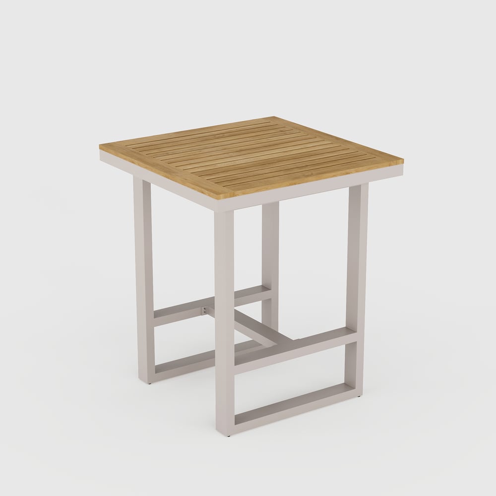 Tevara Outdoor Square Bar Table with Teak Wood Slat Top & Aluminum Frame in Sand window image