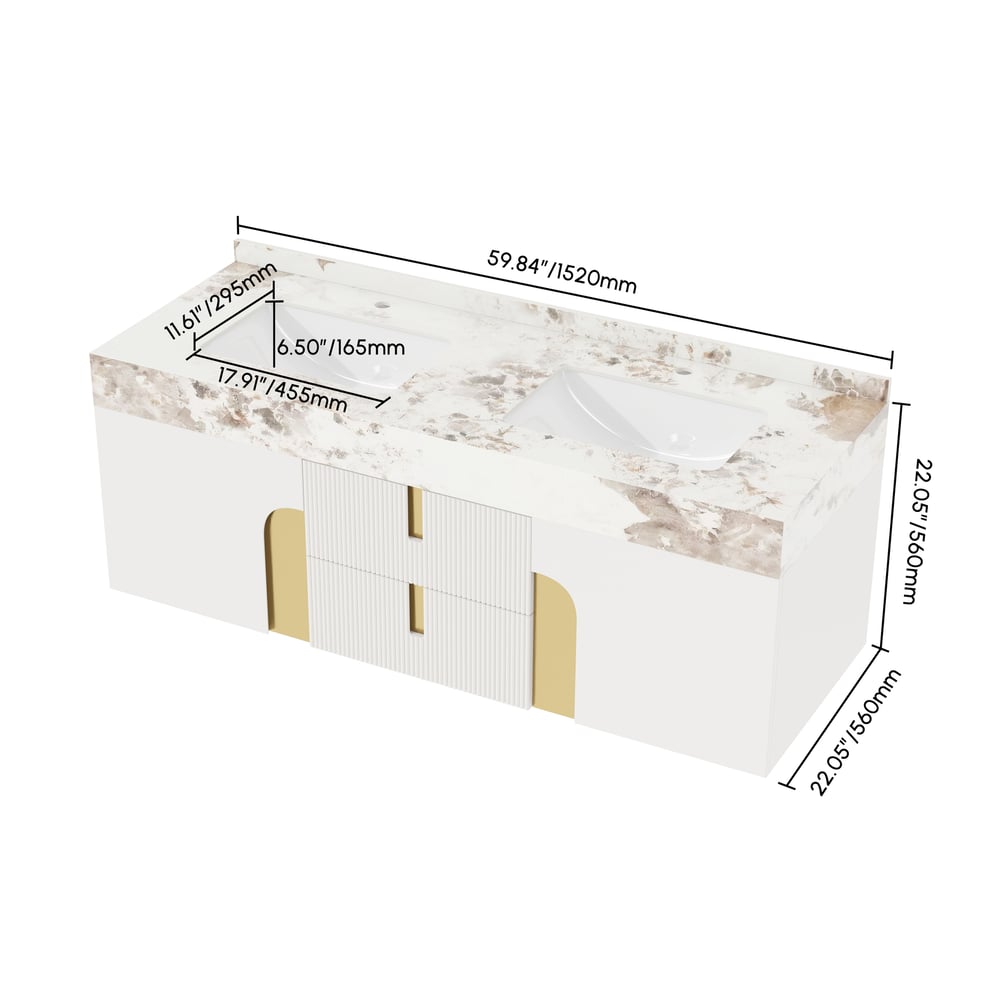 Artis 152 cm Meuble de salle de bain flottant double vasque avec plateau en pierre frittée Poids, dimensions, image