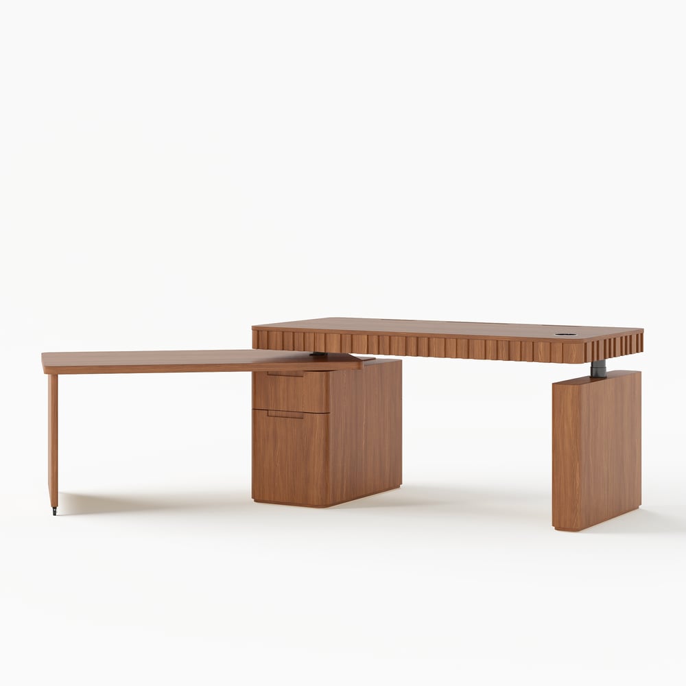 Aura 63" Walnut Flutted 360-Degree Rotating Desk Electric Adjustable Standing Desk window image