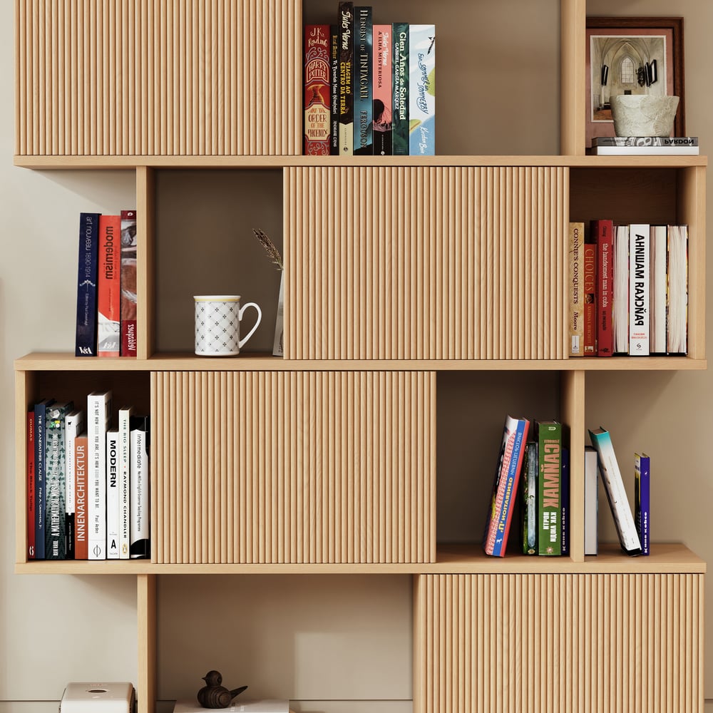 72.8" Natural Sliding Door Etagere Bookshelf 5-Shelf Tall Book Shelf Rich Storage window image