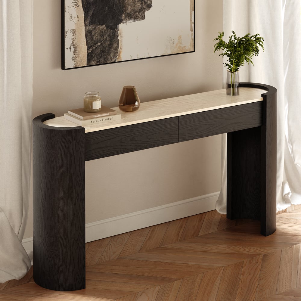Console ovale Japandi de 60 pouces en pierre frittée avec 2 tiroirs image de fenêtre