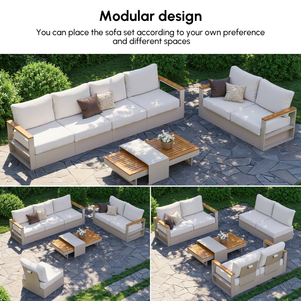 Tevara 6-Person Outdoor Sofa Set with Wood & Aluminium Frame, Sand & Warm White (4-Piece) window image