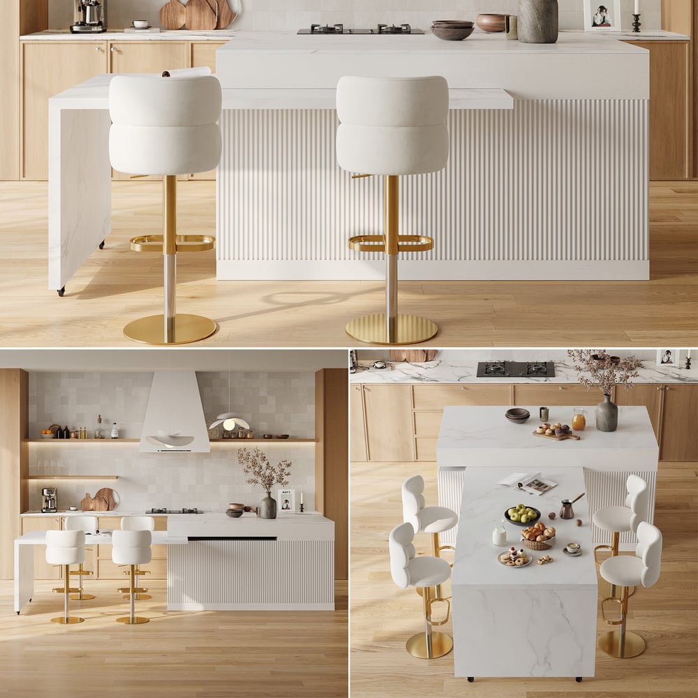 Modern 81"-112" Marble Pattern Kitchen Island with Doors & Drawers, White window image