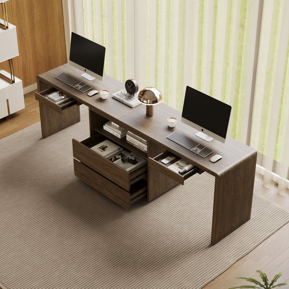 Modern 94" Rectangular Smoked Brown Double Desk with Drawers, Seats 2 window image