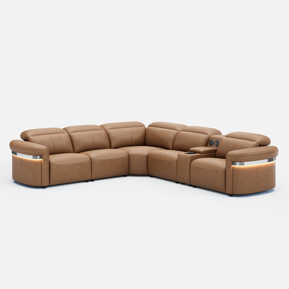 Genuine Leather Multifunction Media Console Power Reclining Sofa window image
