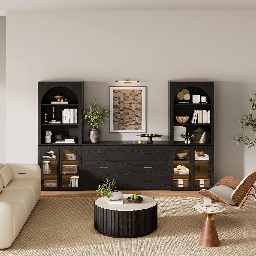 Arune 126"  Arched Glass Door 3-Piece Entertainment Center with Bookshelf window image