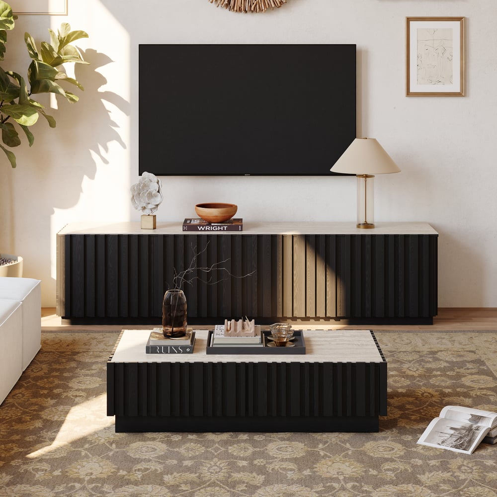 Table basse à lattes Aura 47" en bois de frêne avec plateau en pierre frittée image de fenêtre