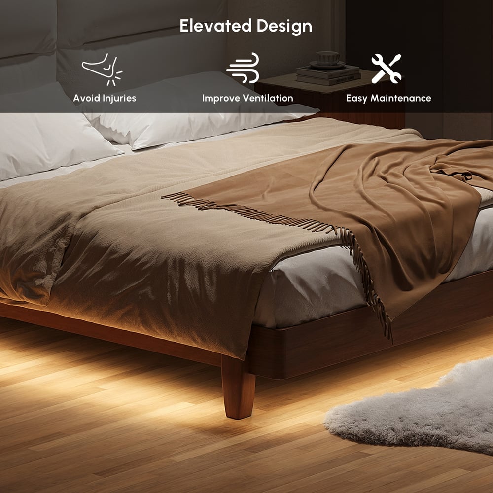 Mid-Century Modern King Solid Wood Bed with Charging Station and Sensor LED window image