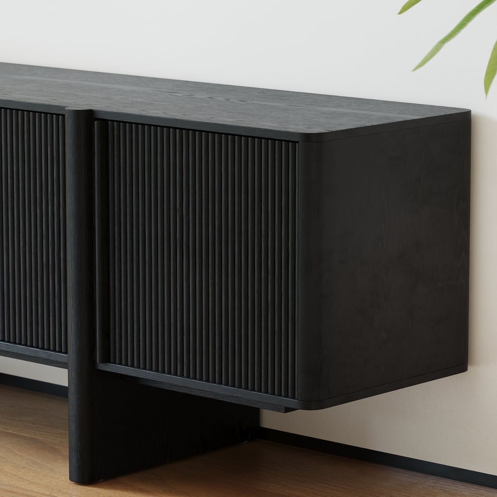 80" Solid Wood Fluted Black TV Stand with Cabinets window image