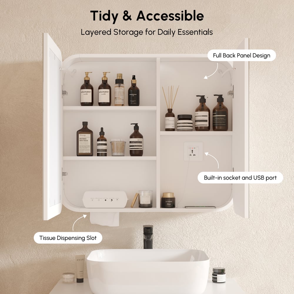 31" LED Bathroom Mirror Cabinet with Defogger, 3-Color Light, Tissue Slot window image