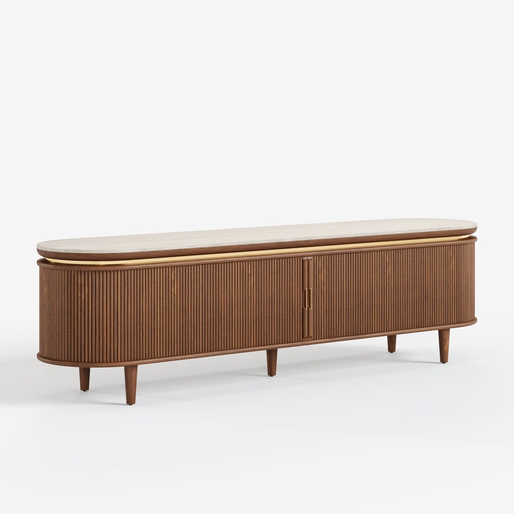79" Ash Wood Walnut Fluted TV Stand with Sintered Stone Top window image