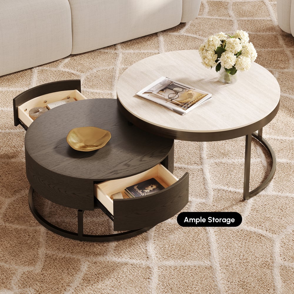 Ensemble de 2 tables basses gigognes rondes Nesnesis de 28" à 32" en noyer avec plateau en pierre frittée image de fenêtre
