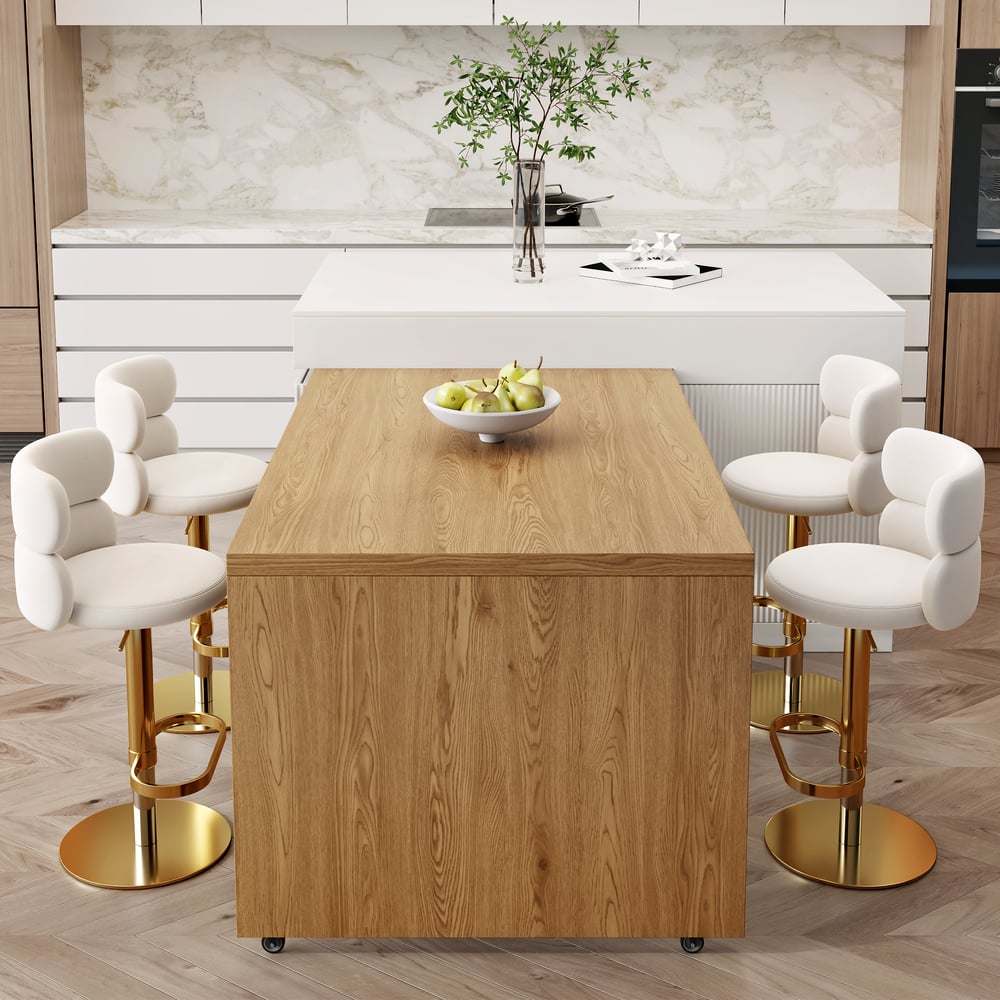 Îlot de cuisine extensible en bois de 81'' à 112'' avec rangement, Naturel et Blanc image de fenêtre