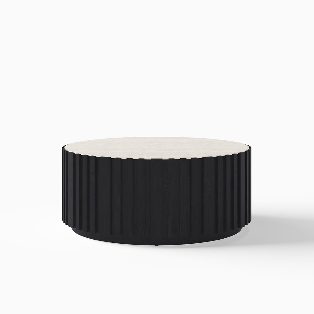 Aura 35" Round Black Slatted Sintered Stone Coffee Table with 2 Drawers window image
