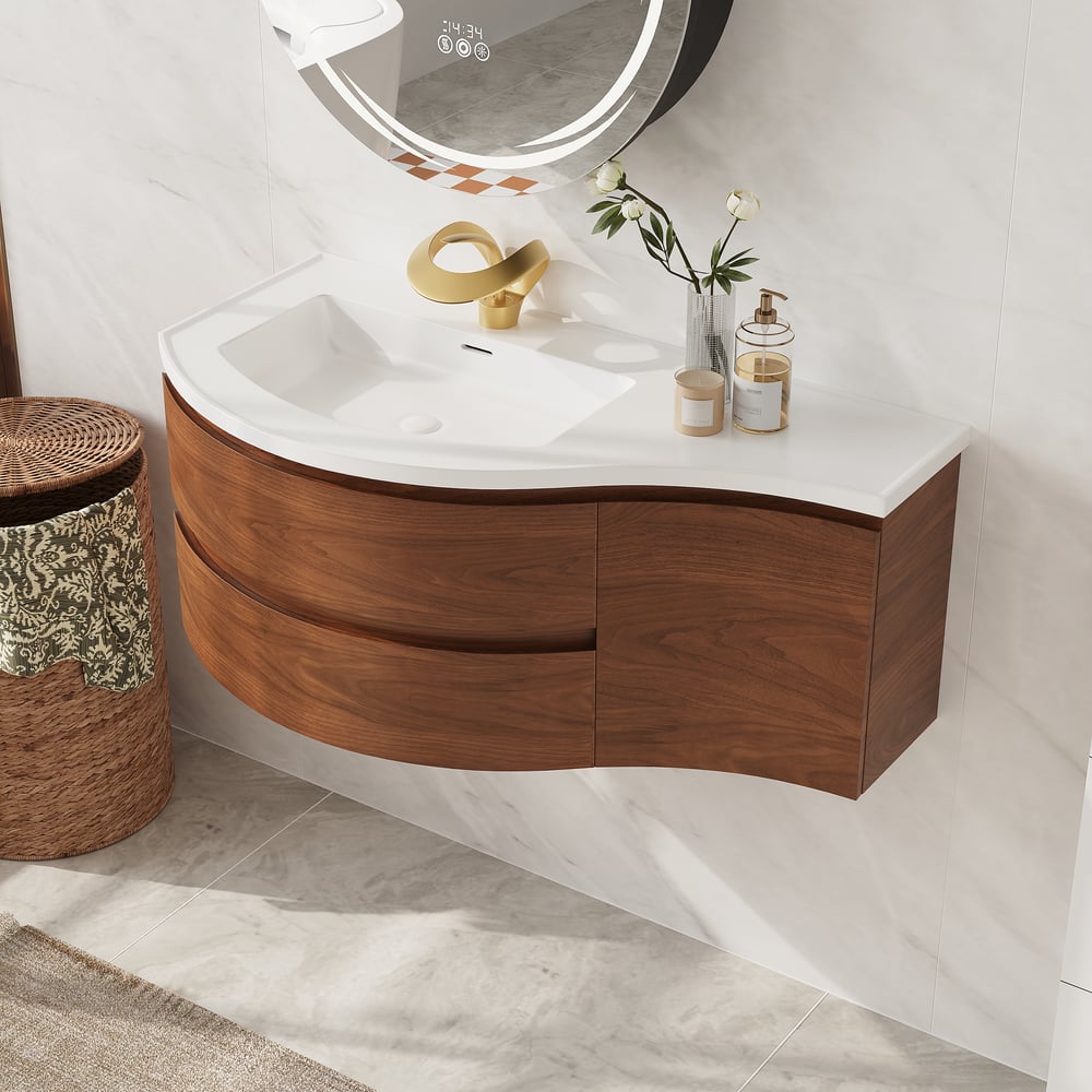 Floating Curved Bathroom Vanity in Walnut Left Offset & Round LED Medicine Cabinet Set window image