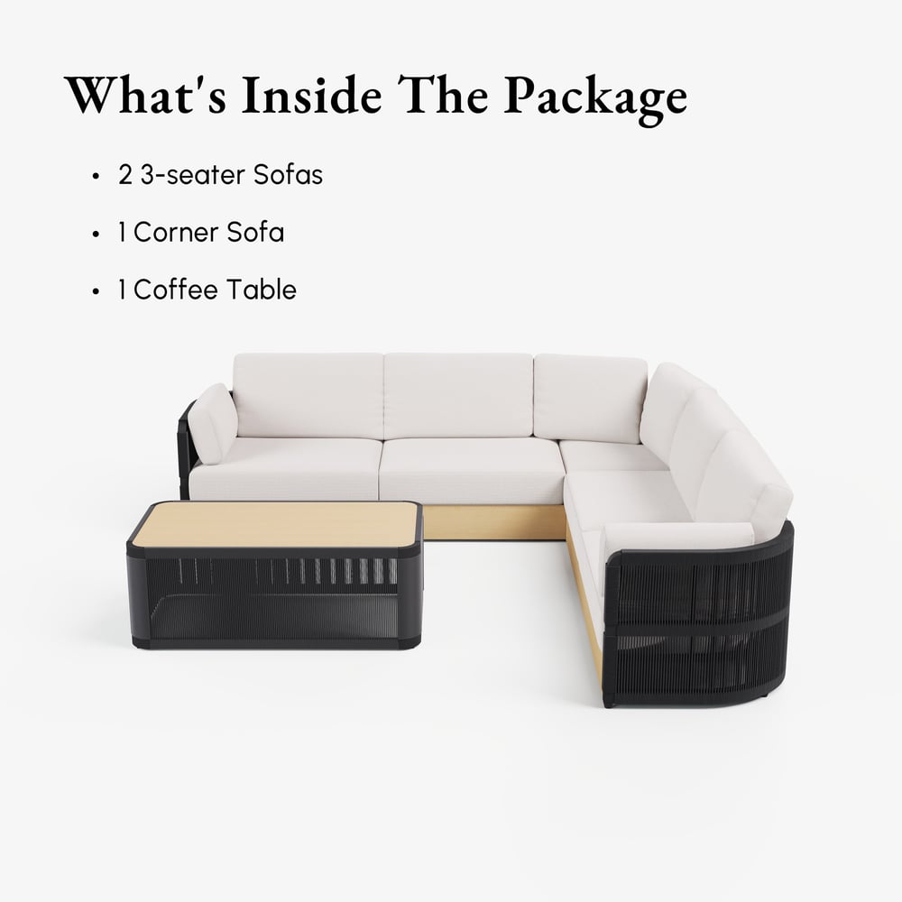 Costra Handwoven Rope L-Shaped Outdoor Sofa with Coffee Table in Black window image