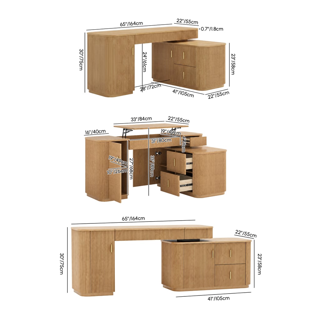 Velign 65" L-Shape Natural Executive Desk with Right-Side Cabinet weights dimensions image