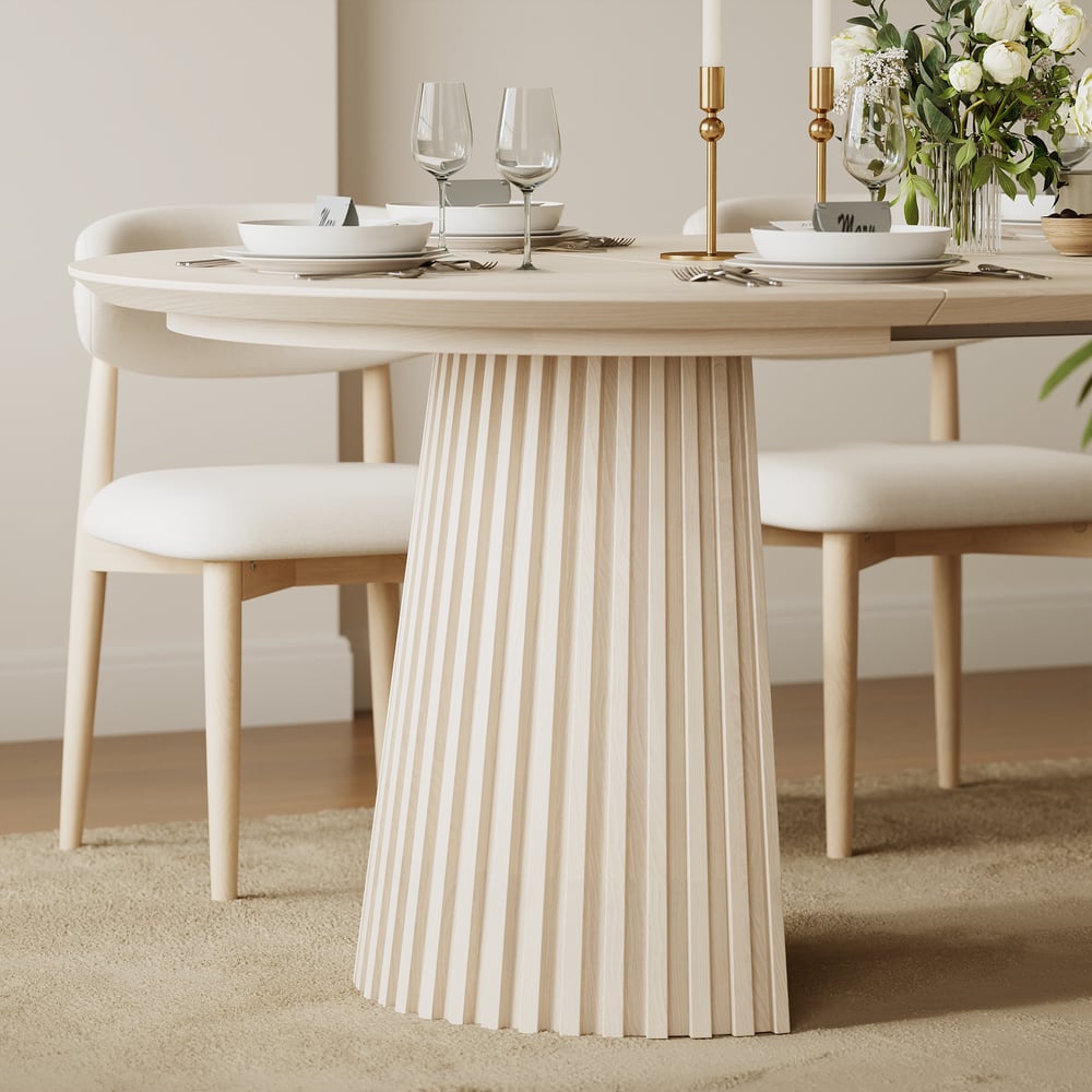 Modern 47"-79" Extendable Whitewash Wood Dining Table with Fluted Base, Seats 4-6 window image