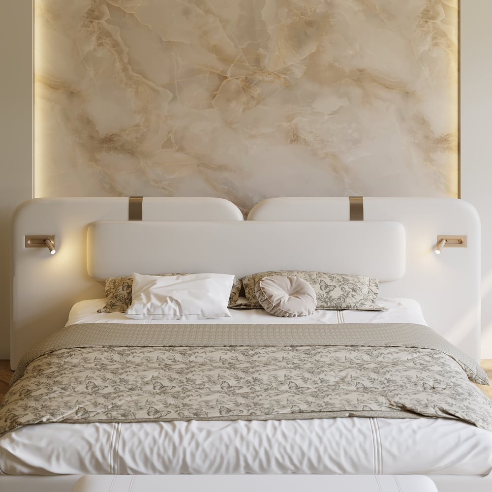 Modern King Size Faux Leather Bed with Wide Headboard Bed & Integrated Lighting window image