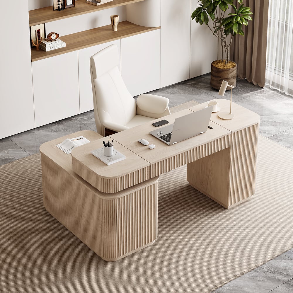 Velign 65" L-Shape Whitewash Executive Desk with Right-Side Cabinet window image
