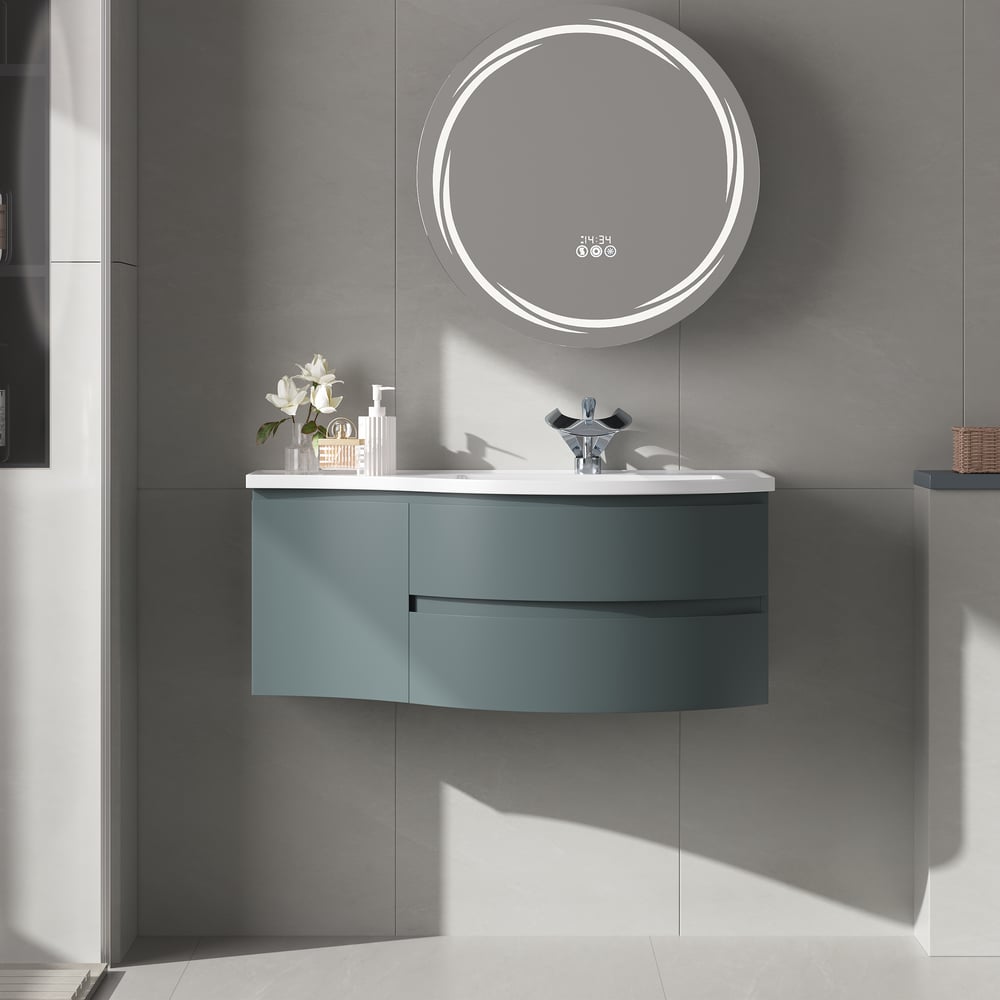 Floating Curved Bathroom Vanity & Round LED Medicine Cabinet Set Right Offset window image