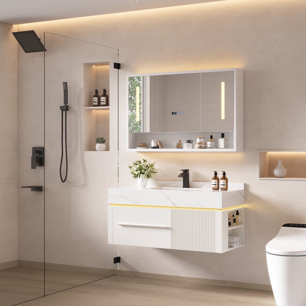 39.4" Wall-Mounted Bathroom Vanity with Sintered Stone Top, LED Sensor Light window image