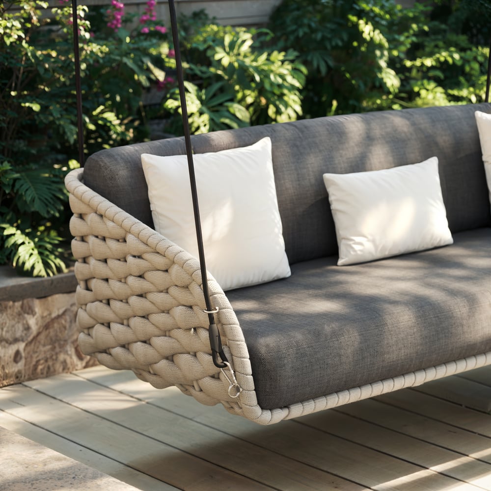 Cadeira Suspensa Tatta Outdoor em Alumínio com Trama de Corda e Almofada em Cinza Imagem da janela